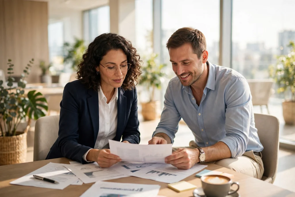 Two business people reviewing documents in a sunlit meeting room