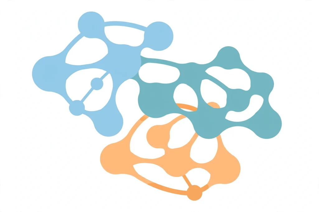Abstract network partnership illustration in light blue, teal and orange