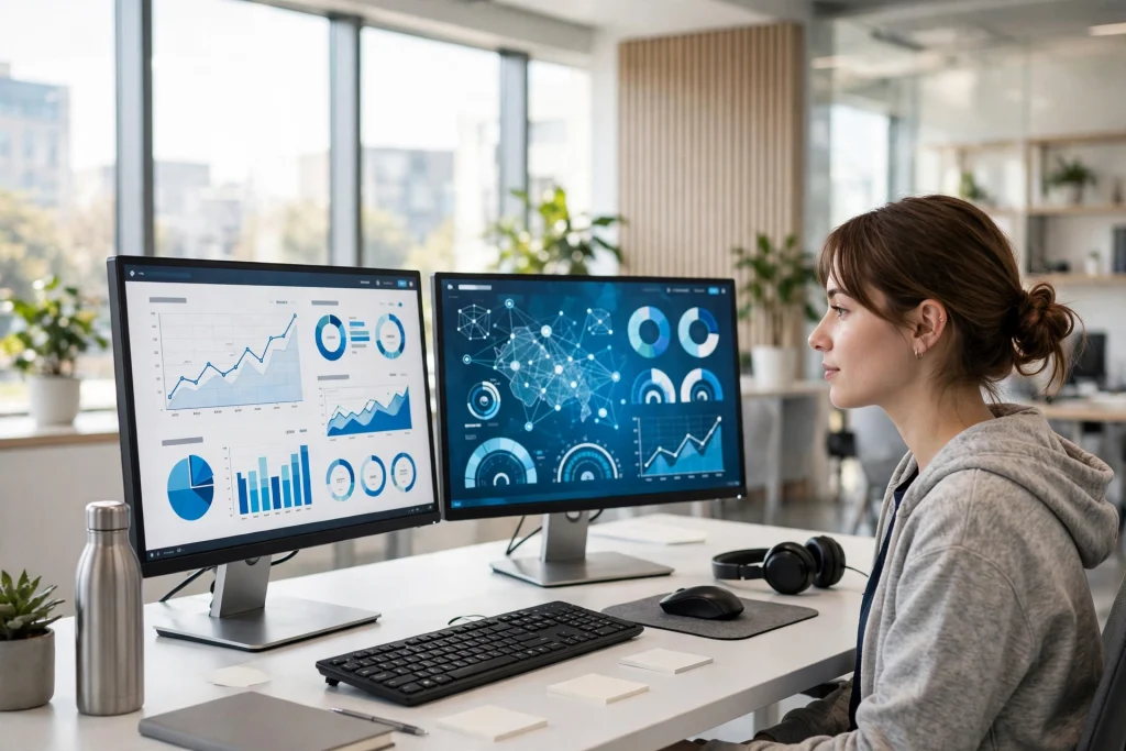 IT technician at a clean desk with monitors