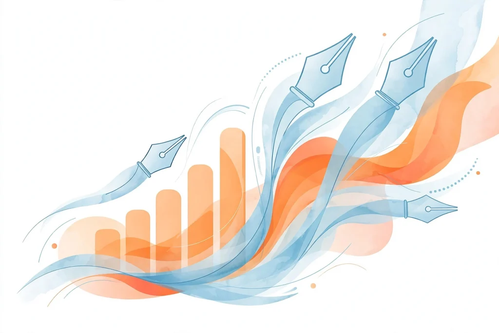 Abstract illustration of rising chart and pen nib motifs in light blue and orange