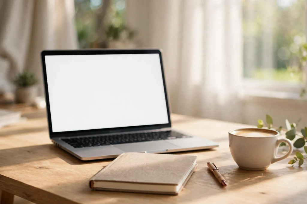 Sunlit writing desk with laptop, notebook and coffee